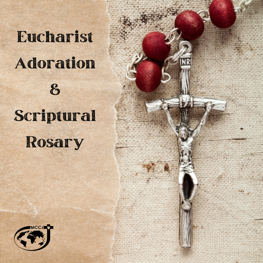 Eucharist Adoration and Scriptural Rosary in large letters on a torn paper background, a silver crucifix attached to a rosary with red beads is next to the words