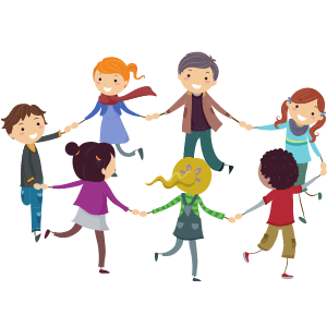 cartoon image of children holding hands while dancing in a circle