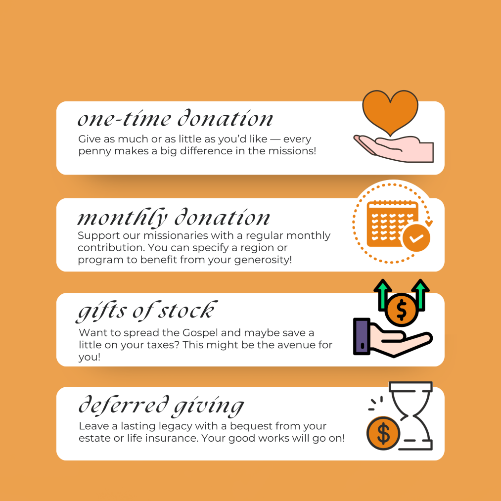 New Year New Hope Graph A list of ways to support the Comboni Missionaries: one-time donation, recurring gift, planned giving.