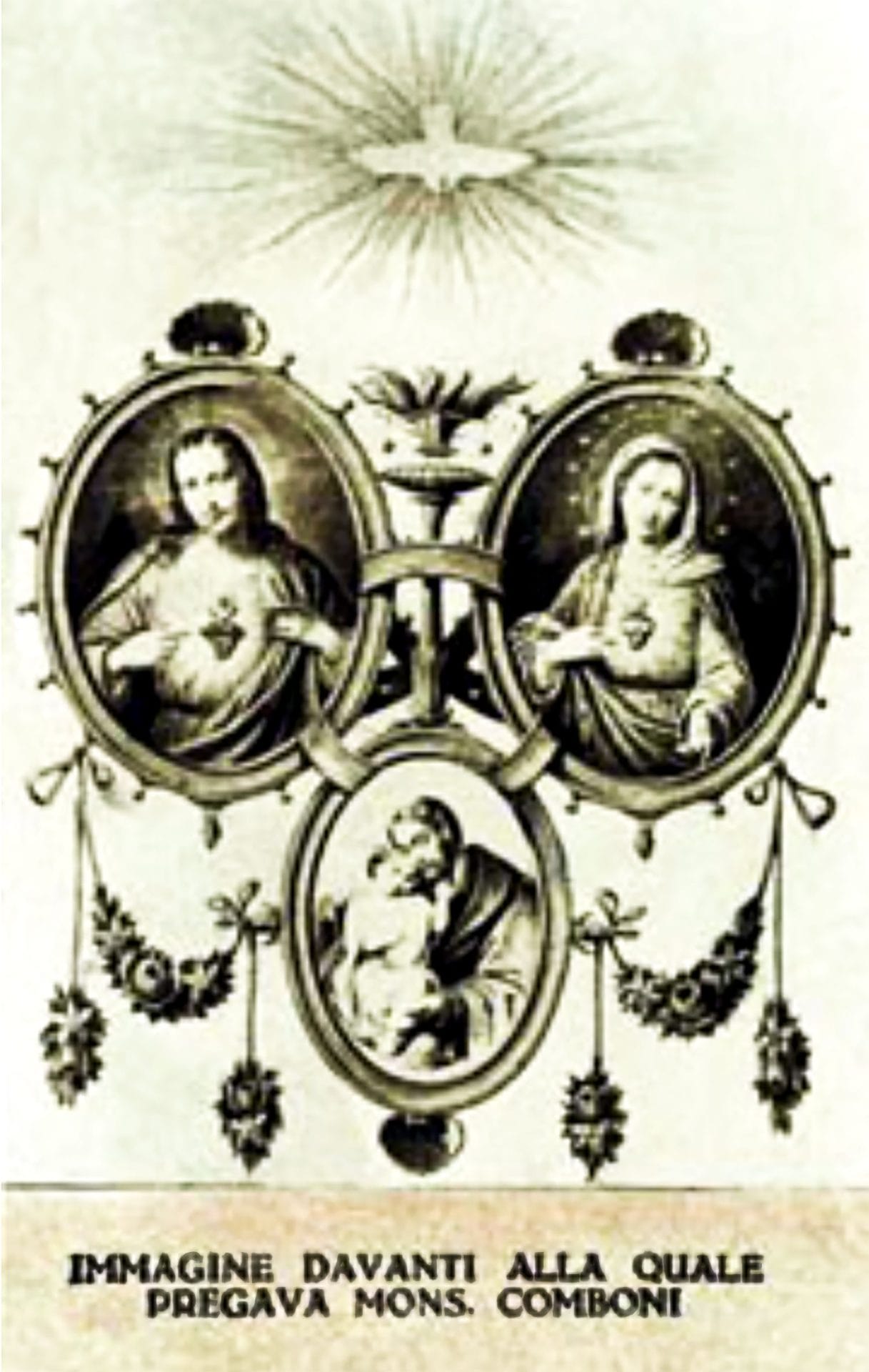 three icons connected with a central ring. The top icon is the Sacred Heart of Jesus. To his right is Mary. Below is St. Joseph and the child Jesus.