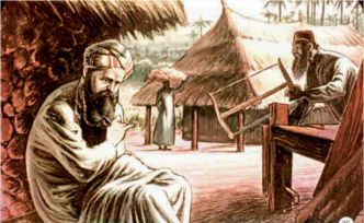 An illustration of St. Daniel Comboni in the foreground, looking in to the distance as if deep in thought. St. Joseph is behind him cutting a piece of wood. They are pictured in a traditional African village.